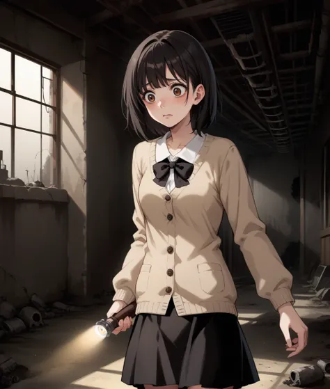 score_9, score_8_up, score_7_up, source_anime, dark, horror (theme), dark theme, <lora:pointing_flashlight:1>, flpoint, flashlight, black hair, brown eyes, 1girl, indoors, shadows, abandoned, worried, (scared expression:0.6), black hair, brown eyes, cowboy...