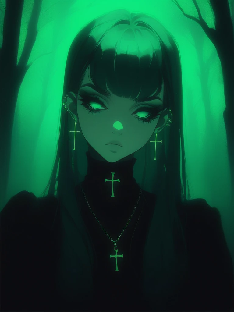 score_9, score_8_up, score_7_up,
GLSHS, a girl with long hair and glowing green eyes in a forest with trees, green theme, long eyelashes, cross necklace, straight hair, bangs, black dress, ear piercing, cross earrings