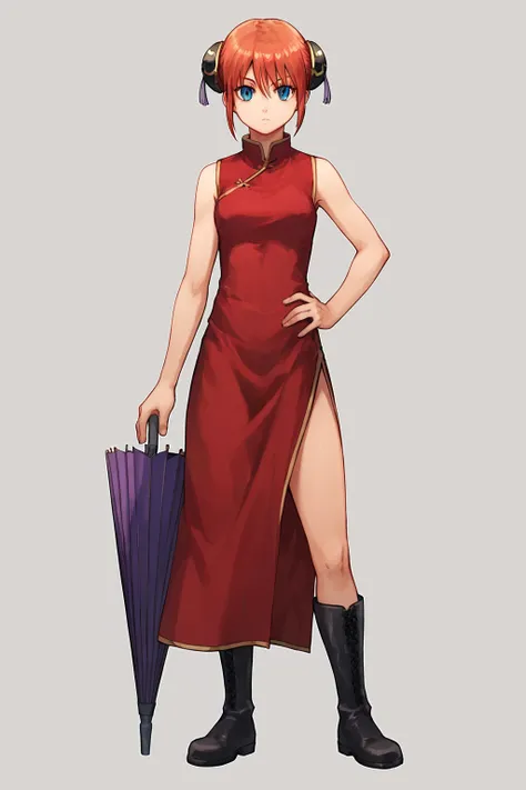 Score_8_up, score_7_up, Score_9, BREAK, 1girl, solo, Kagura, short hair, red dress, sleeveless dress, black boots, double bun, black bun cover, purple umbrella, standing, thigh slit<lora:EMS-418083-EMS:0.800000>