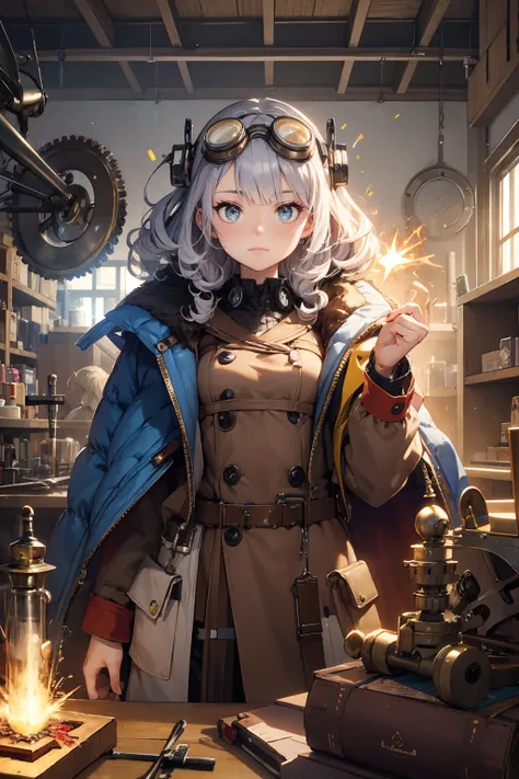 A whimsical and eccentric inventor,with wild curls of silver hair and eyes that shine with a spark of mad genius,surrounded by a workshop filled with gears,gadgets,and peculiar contraptions. Dressed in a patchwork coat and goggles perched on his forehead,h...