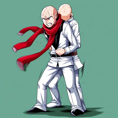 clenched teeth, bald, full body, dougi, 1boy, sweat, white pants, scarf, motion blur, standing, belt, green background, red scarf