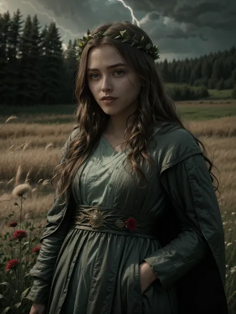 Elinor8, A young goddess with long wavy hair, standing in a flower field of tall grass. She is wearing a dark robe with red details, standing in the middle of the field (flower crown on her head). She is surrounded by a swirling vortex of lightning energy,...