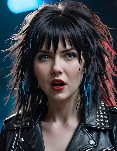 In a grungy, dimly-lit underground punk rock venue, the ethereal figure of B3L34N0R, a woman with long, black, wildly disheveled hair cascading down her back, is captured in an intense close-up shot. Her piercing blue eyes are shrouded by the heavy fringe ...