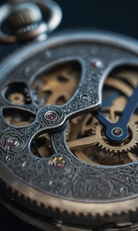 a macro photograph of a vintage pocket watch, capturing the intricate gears and engravings. shot with a canon eos r6, 85mm f/2 m...