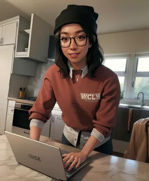 jessiek,black hair,brown eyes,
shirt,beanie,glasses,sweater,jeans,
smile,looking at viewer,
counter,single laptop,
indoors,
(insanely detailed,  masterpiece, best quality),solo,<lora:JessieK:0.8>,