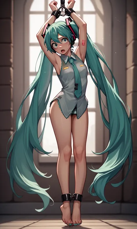 score_9, score_8_up, score_7_up, score_6_up, score_5_up, score_4_up, source_anime, 1woman,(Hatsune Miku), streaked hair, long hair, bondage, bdsm, suspension, standing, arms_up, cuffs, bound_wrists, upright_restraints, standing_restraints, tiptoes, straigh...