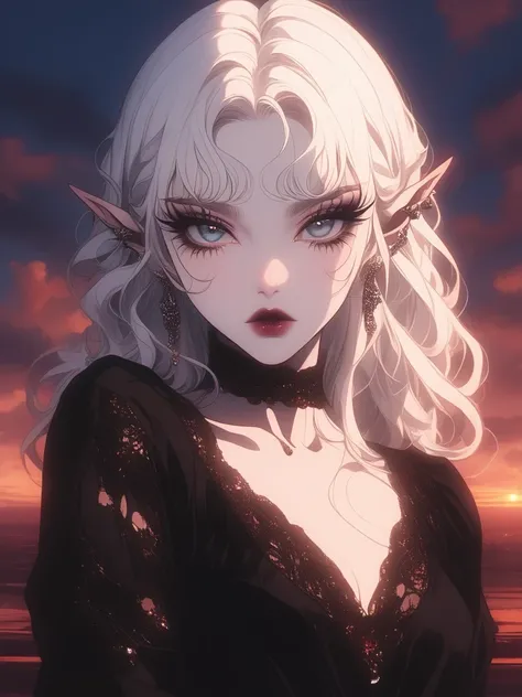 GLSHS, a girl with long white hair standing in front of a sunset, elf ears, ear piercings, earrings, black dress with a closed neck, pale skin, long eyelashes, bright lipstick, elegant, looking at viewer, delicate colors