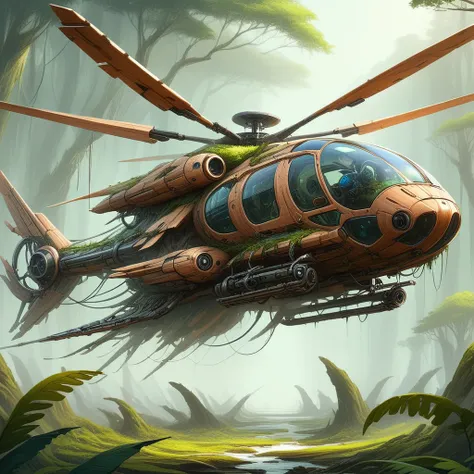 NaturePunk, A sci fi military helicopter that is made of living wood and stone and metal and glass, concept art, flying over a swamp