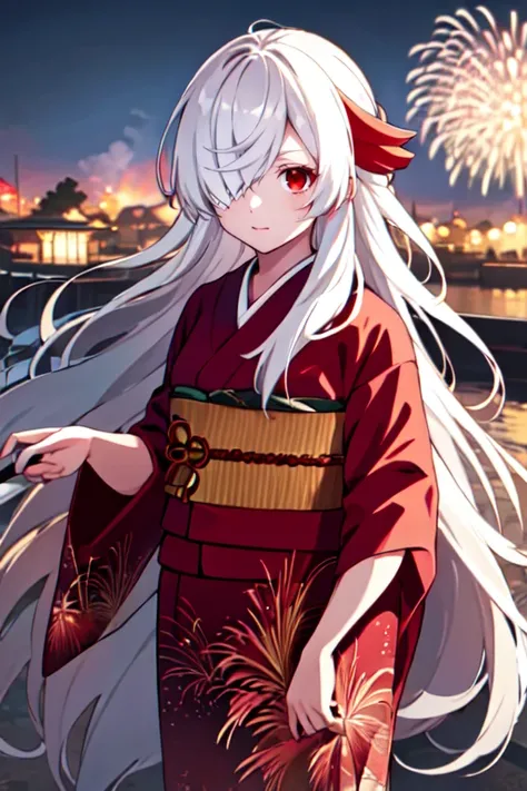 masterpiece, high quality, highres, <lora:HaineR4:0.7>, HaineR4, 1girl, red eyes, long hair,  kimono, fireworks, outdoors, bandage over one eye