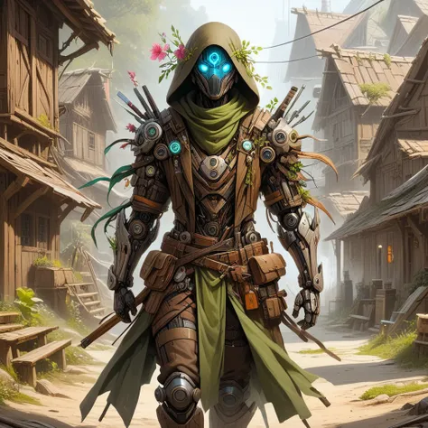 NaturePunk, A hooded rogue walking through a town, her hair is black with flowers, wood and stone and glowing technology, nature and tech combined, concept art, realistic, facing us, android