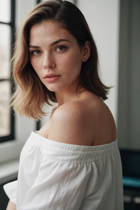 beautiful woman in dark studio, wearing white off-shoulder_shirt, youtuber, presenting  <lora:[US]_-_Lois_Chiles:1> mt-loischiles, RAW candid cinema, 16mm, color graded portra 400 film, remarkable color, ultra realistic, textured skin, remarkable detailed ...