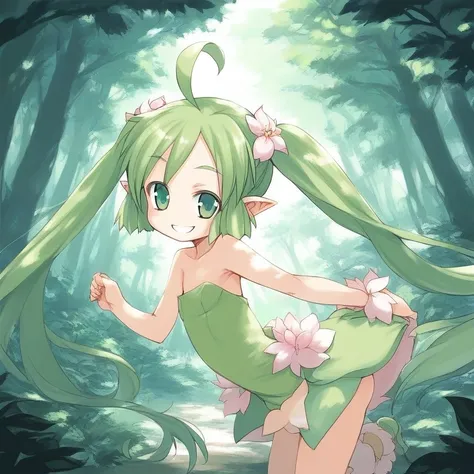 score_9, score_8_up, score_7_up, source_anime, rating_explicit, BREAK  <lora:Marurur_XL:1> Marurur, pointy ears, twintails, ahoge, green hair, green eyes, very long hair, flat chest, hair flower,
smile, looking at viewer,
forest, tree,