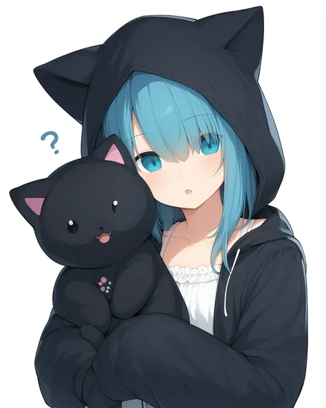 Best-A, amashiro_natsuki, NekohaShizuku_(amashiro_natsuki), 1girl, hood, jacket, black_jacket, hooded_jacket, solo, animal_ears, animal_hood, fake_animal_ears, blue_hair, blue_eyes, stuffed_toy, white_camisole, white_background, hood_up, long_sleeves, bang...