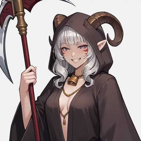 <lora:Scythe:0.8> holding Scythe, scythe,
 source_furry, score_7_up, rating_safe, cowboy shot, gold necklace, tiefing, short pointed ears, brown horns, (a pair of brown sheep Horns that begin at her temples and curve back: 1.5), bangs, long silver hair lon...