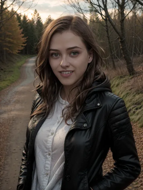 Elinor8, (realistic), (hyperrealism), (photorealistic:1.4), best quality, masterpiece, 1girl, looking at the viewer, smile, grin, teeth, makeup, detailed eyes, detailed face, (upper body:1.2), black jacket, walking at the forest road, sunset, fall season, ...