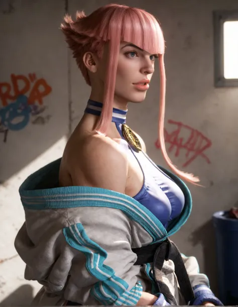 score_9, score_8_up, score_7_up,score_6_up,high resolution,mnon,mnon hair,3d,photo,realistic,pink hair,1girl,solo,upper body,jacket,bodysuit,in a garage,wall graffiti,volumetric lighting,rim lighting,from side,open arms