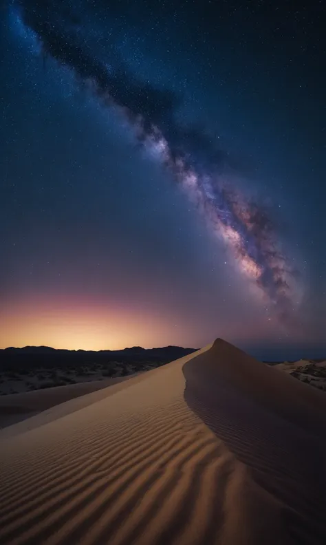 a high-resolution photograph of a desert landscape at twilight, with the milky way arching over the horizon. the sand dunes are ...