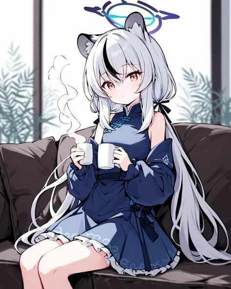 <lora:tpn3-5.5-R-Sytle-400artist:0.85>
Best-A,squallea,1girl, absurdres, animal_ears, arm_out_of_sleeve, blue_archive, blurry, chinese_clothes, coffee, coffee_mug, commentary_request, couch, cup, depth_of_field, frilled_skirt, frills, grey_hair, hair_betwe...