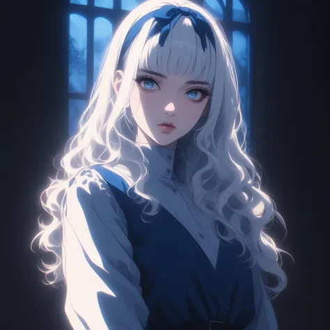 GLSHS, a girl with long white hair and a headband is standing in a dark room with a window, blue eyes, bangs, blue dress with a neckline, white shirt, moonlight, partial lighting, contour light, white skin