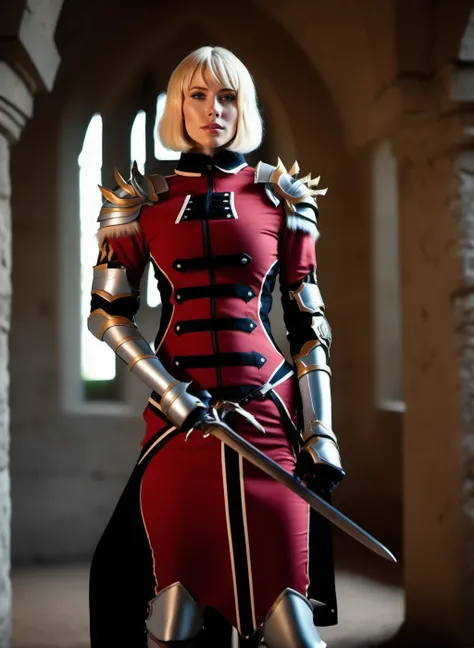 cinematic photo full body portrait 1GIRL,SOLO,BLONDE short HAIR, LARGE BREAST, ARMOR, sword, weapon, SHEATH, GAUNTLETS, BOOTS, stands in a medieval castle garden <lora:ChaHaeIn1024:0.8> . 35mm photograph, film, bokeh, professional, 4k, highly detailed