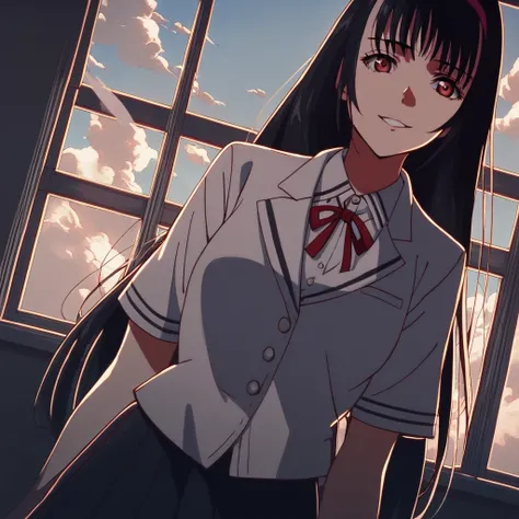 score_9, score_8_up, score_7_up, source_anime, ayaka, black hair, long hair, red eyes, red hairband, medium breasts, school uniform, pleated skirt, classroom, window, clear sky, clouds, smile, parted lips, looking at viewer, cowboy shot, dutch angle, solo,