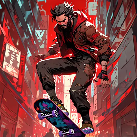 editorial, anime, Keanu Reeves, red background, battle damaged, darkprotostyle a man riding a skateboard in the air, hood up, man walking down a street, red lipstick, a man in a red jacket and black pants, brown jacket, X-Men, darkprotostyle older man with...