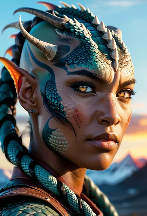 breathtaking female human-dragon hybrid, covered in matte scales as skin, close-up of face, striking reptilian eyes, dragon horns, bald, braided ponytail, exudes confidence and power, sunet, rim lighting, cold colors. style of Don Lawrence, style of (Will ...