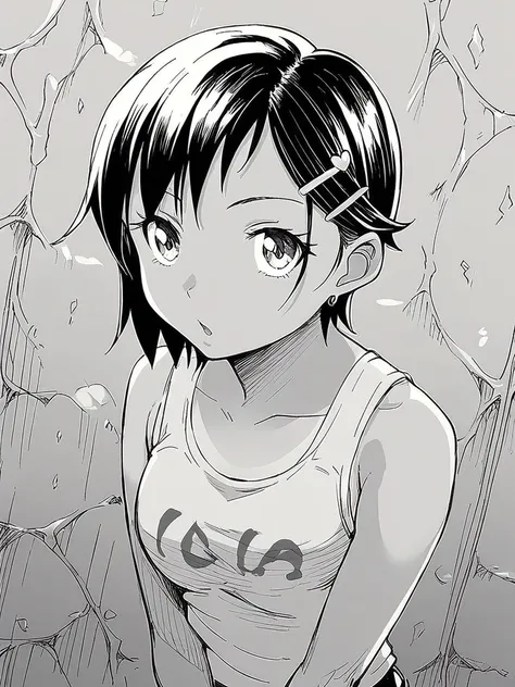 score_9, score_8_up, score_7_up, 
1girl, tank top, looking at viewer, monochrome, yuka ml, short hair, hairclip,