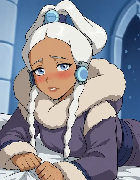 score_9, score_8_up, score_7_up, source_anime, <lora:princess-yue-book1-ponyxl-lora-nochekaiser:1>, princess yue, long hair, blue eyes, ponytail, white hair, dark skin, dark-skinned female, makeup, sidelocks, hair ornament,, fur trim, hood, hoodie, long sl...