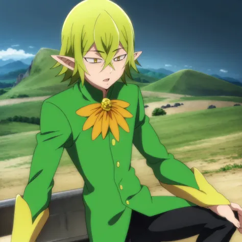 masterpiece, best quality, high quality, 1boy, solo, male focus, <lora:HELBRAM_v2:0.8>, green shirt, green hair, pointy ears, yellow eyes, black pants, orange flower, outside, day