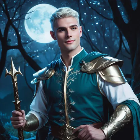 concept art half body photo of m4l1k a man, A ((painting)) of a stunning happy high elf prince,moonlight, ethereal, <lora:delgaty:.7> . digital artwork, illustrative, painterly, matte painting, highly detailed