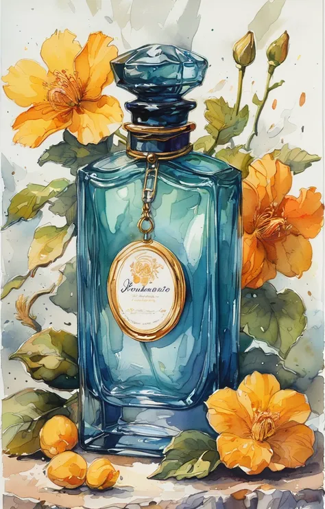 masterpiece,best quality,<lora:tbh297-sdxl:0.9>,illustration,style of Joe Madureira A bottle of perfume in garden