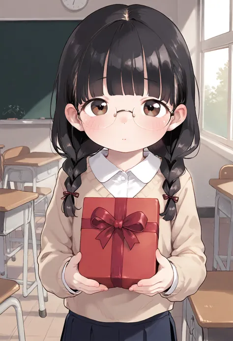 score_9,
1girl, braid, twintails, blunt bangs, black hair, glasses, blush, brown eyes, school uniform, classroom, blush, chocolate, holding gift,looking at viewer, giving gift,