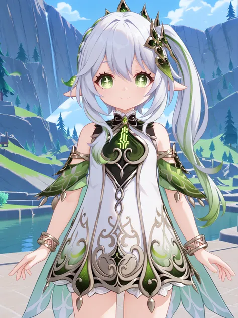 ((score_9)), ((score_8))
nature, vegetation, hidden forest, cowboy shot,standing, looking at viewer, smile,
<lora:nahida-05:0.9> nahida, 1girl, nahida (genshin impact), long hair, side ponytail, pointy ears, white hair, hair ornament, green hair, green eye...