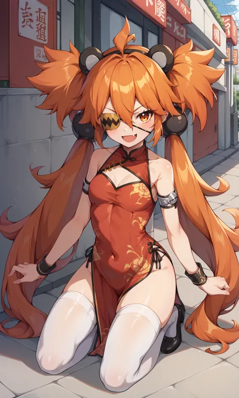 score_9, score_8_up, score_7_up, score_6_up, score_5_up, score_4_up, BREAK source_anime, 1girl, solo, outdoors, street, cowboy shot, kneeling, looking at viewer, smile, open mouth, fang, koleda, orange eyes, eyepatch, orange hair, ahoge, long hair, two-sid...