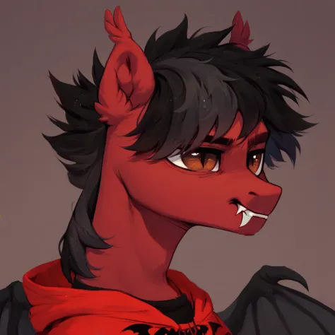 score_9, score_8_up, score_7_up, score_6_up, score_5_up, score_4_up, male, solo, pony, stallion red bat pony, red body, bat pony, black hair, emo hair, brown eyes, slit eyes, fangs, ear fluff, bat wings, red hoodie,