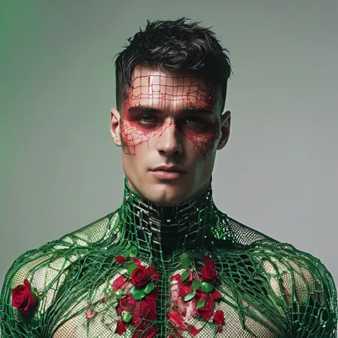 Hyperrealistic art half body photo of m4l1k a man,with red and green makeup, datamoshing, behance favourite, neural networks, vhs static, cyberpunk cyborg. roses, torn mesh, glitch, glitched out, distorted image, looking at camera,  <lora:delgaty:.8> . Ext...