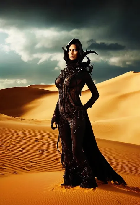 Create a high-resolution, surrealist composition of an evil woman in a desert landscape. The scene should blend dark, fantastical elements with a dream-like, surreal atmosphere. The woman should be depicted with an aura of malevolence and power, commanding...