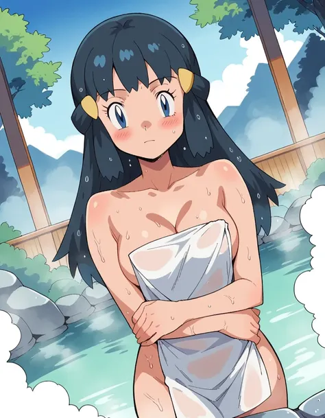 anime girl in a towel standing in a pool with a rock in the background