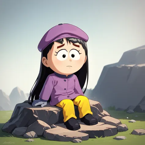 score_8_up, BREAK, WendyTestaburger, 1girl, solo, black hair, long hair, black eyes, beret, jacket, yellow pants, navy gloves, black footwear, <lora:WendyTestaburger_PXL_Leaf2:1>, outdoors, sitting on rock