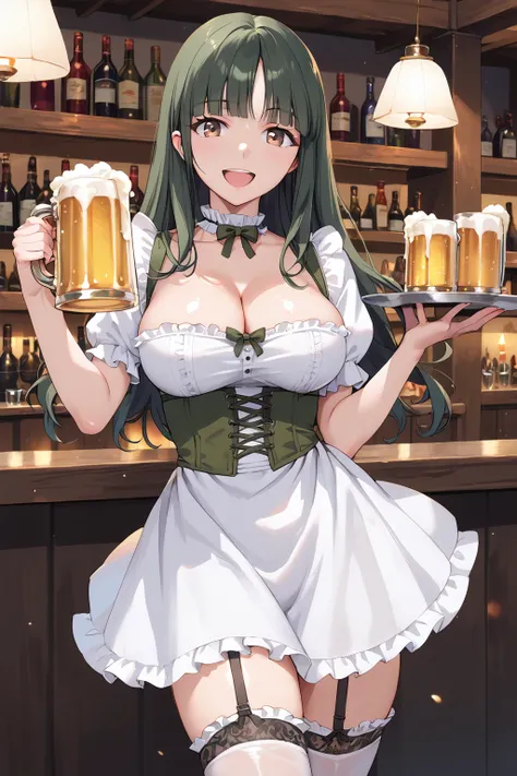 score_9, score_8_up, score_7_up, , source_anime,tohsakaaoi, 1girl, solo, long hair, , blunt bangs, brown eyes, , looking at viewer, dark green hair, cowboy shot,, Dirndl , smile, open mouth, cleavage, large breasts, frills choker, , indoors, <lora:tohsakaa...