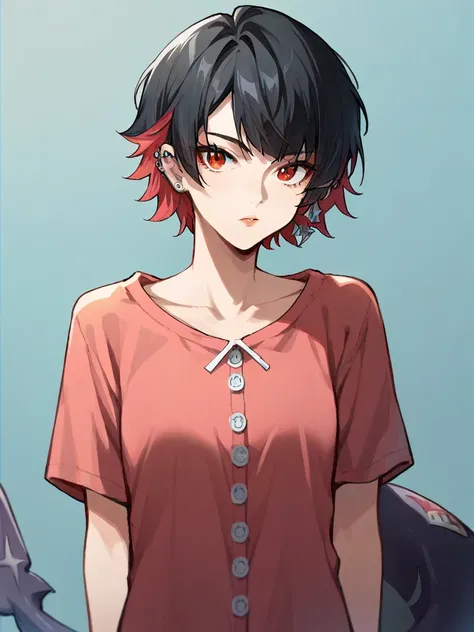 <lora:XL_ellen joe(pony):1>,ellen joe girl,1girl,solo,black hair,multicolored hair,red eyes,short hair,earrings,piercing,shark tail,pajamas,, score_9,score_8_up,score_7_up, source_anime,