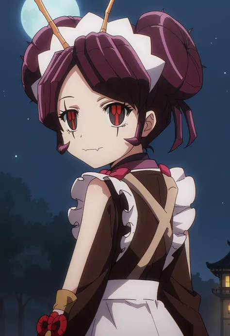 score_9, score_8_up, score_7_up, source_anime, 2d, Entoma Vasilissa Zeta, 1girl, burgundy hair, short hair, twin buns, insect antennae, porcelain face, red-black eyes, black eyes scars, chinese dress, maid hairband, anime coloring, anime screencap, detaile...