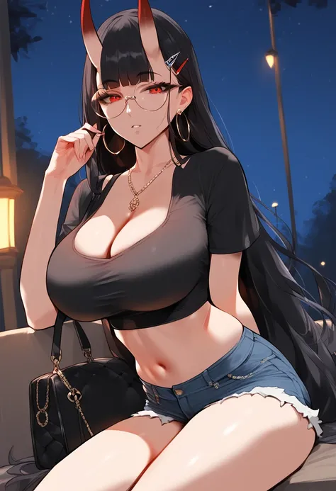 score_9, score_8_up, score_7_up, score_6_up, source_anime, <lora:CYR 0.1v:1>,
1girl, crop top, shorts, navel, midriff, red eyes, jewelry, horns, long sleeves, sitting, denim, black shirt, black thighhighs, black hair, denim shorts, glasses, looking at view...