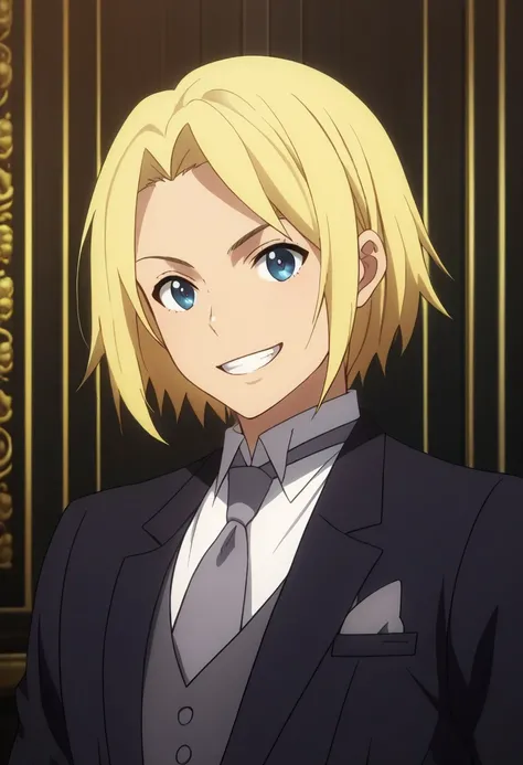 score_9, score_8_up, score_7_up, source_anime, highly detailed, 
quenser, solo, blonde hair, 1boy, formal, necktie, black netckie, suit, black suit, shirt, white shirt, upper body,
indoor, smile, grin,