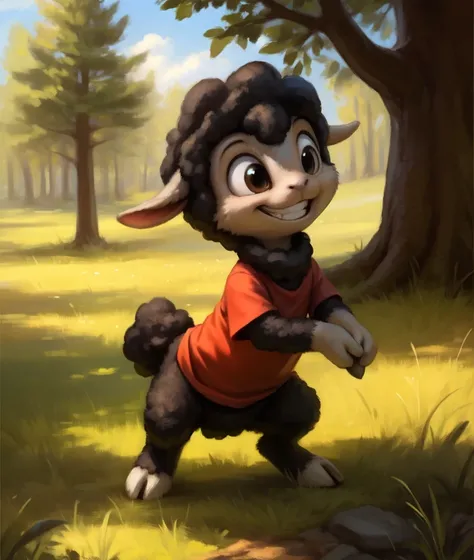 <lora:BlackietheLambN:0.8>  BlackietheLambN,  Lamb,  hooves, red shirt,  black wool, chibi, (grin, leaning forward)
Male, Detailed multicolored skin, ( solo), [day,  forest, trees, meadows, grass, clouds,] solo focus,  
(beautiful, aesthetic, perfect, deli...