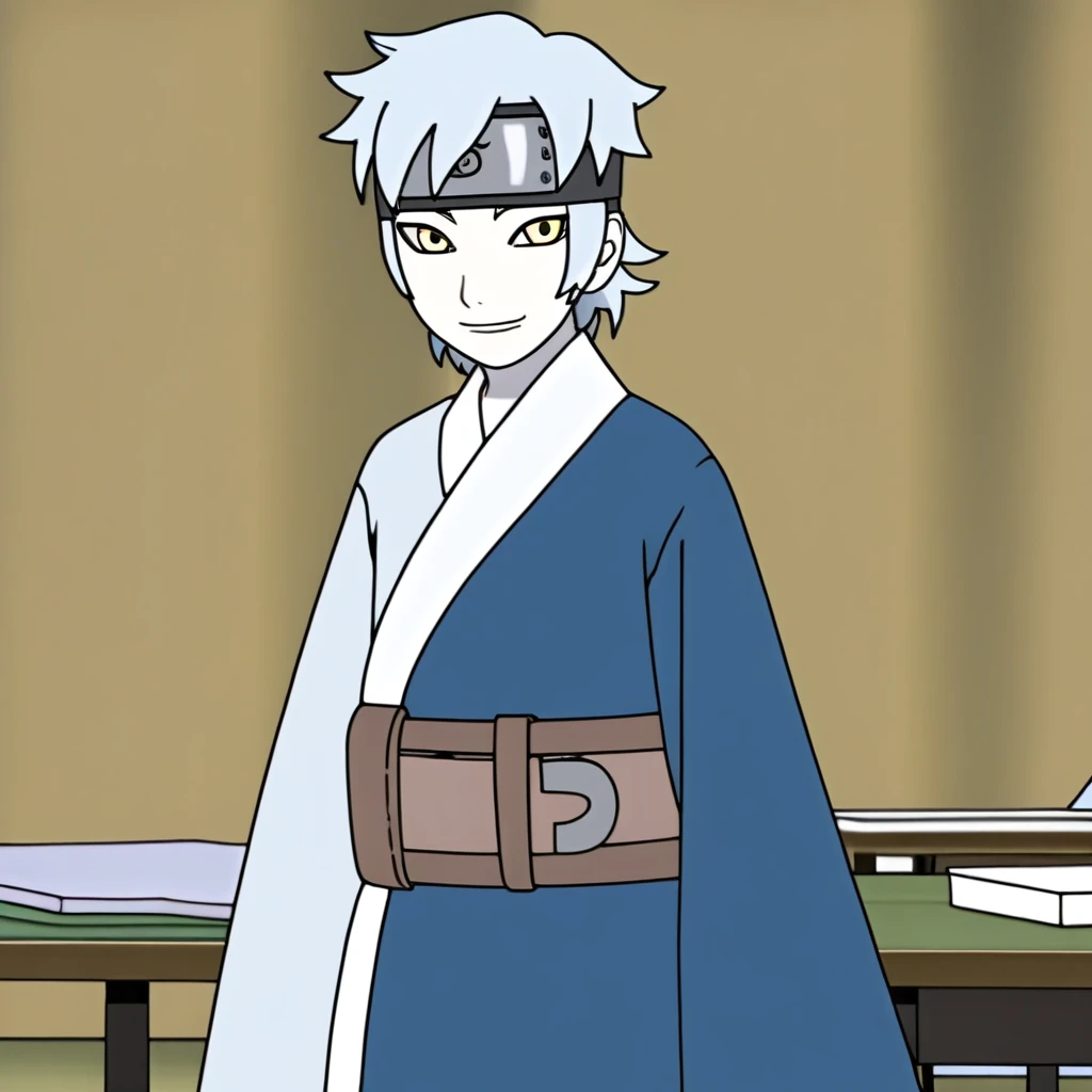 Mitsuki,short hair,blue hair,forehead protector,konohagakure symbol,pale skin,yellow eyes,blue and navy kimono,wide sleeves,belt,medium shot,looking at viewer,smile,indoors