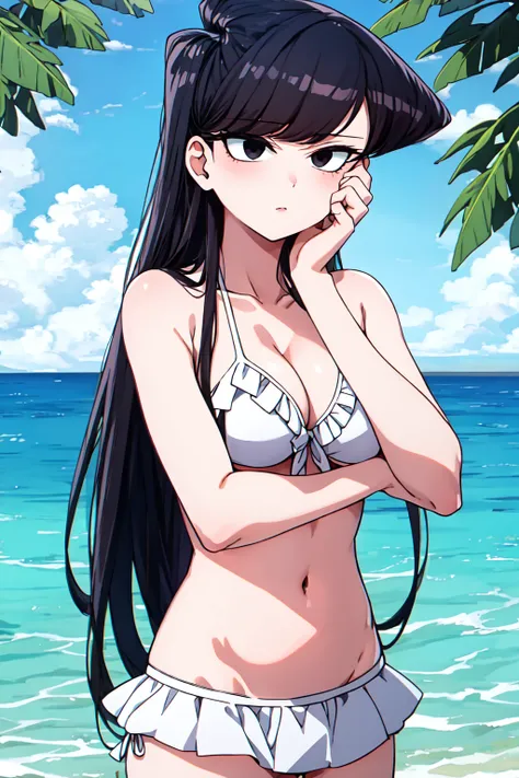 masterpiece, best quality, Mimicking a monkey scratching its head,   <lora:Komisan-07:0.8> Komisansw, komi shouko, 1girl, long hair, black hair,  black eyes, swimsuit, white bikini, frilled bikini, bikini skirt, navel, cleavage, medium breasts,outdoors,