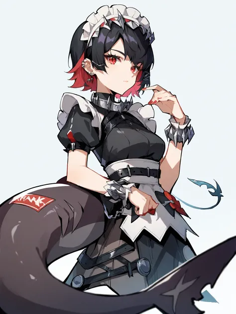 <lora:XL_ellen joe(pony):1>,ellen joe girl,ailianqiao costume,1girl,solo,black hair,multicolored hair,red eyes,short hair,headdress,earrings,piercing,shark tail,, score_9,score_8_up,score_7_up, source_anime,