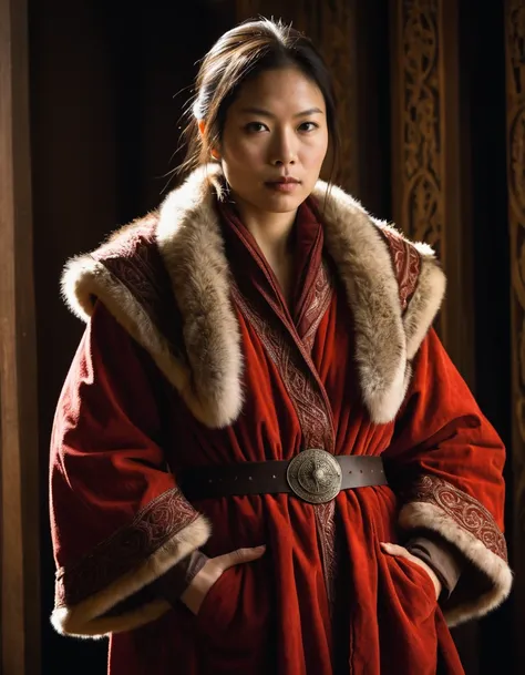 professional photo, ambient soft lighting, This RAW photo is shot in hip level shot portraying a (Female Redguard:1.3) , wearing robe. It has detailing in Fur and Corduroy. The natural lighting art is of fantasy quality., very coherent, dynamic, elaborate,...